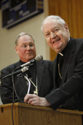 Archbishop Timothy Dolan (left) and Cardinal Edward Egan at a press conference today in New York.