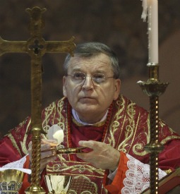 Cardinal Raymond Burke celebrates the Eucharist during Mass Feb. 5 in his titular church, St. Agatha of the Goths, in Rome. He formally took possession of the church on the feast of the martyred saint. 