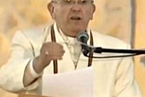 Pope Francis delivers his opening address for his journey to Bolivia, at the airport of La Paz, July 8.