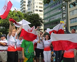 Polish pilgrims celebrate after hearing the news that the next World Youth Day will be in Krakow. 