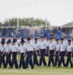 Airmen participate in the Basic Military Training graduation parade at Lackland Air Force Base in Texas.  

