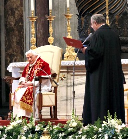 Pope Benedict XVI listens to a declaration from the Knights of Malta at ceremonies marking the organization's 900th anniversary.