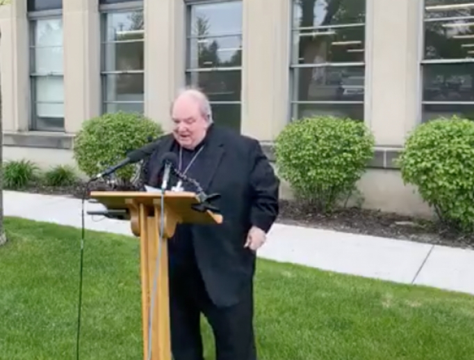 Archbishop Bernard Hebda speaking a press conference on May 21, 2020. 