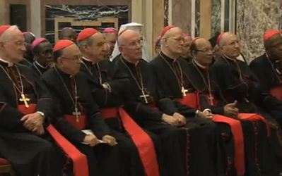 Presidents of episcopal conferences listen to Pope Benedict XVI as he delivers an address in the Vatican's Clementine Hall, 12 Oct. 2012