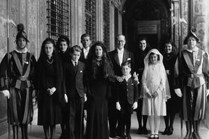 Joseph Kennedy, the U.S. ambassador to London, and Mrs. Rose Kennedy, with their children, photographed as they left Vatican City March 20, 1939, after Pope Pius XII had received them in a private audience.