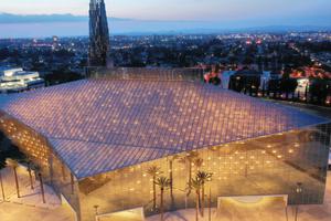 At night, Christ Cathedral in the Diocese of Orange looks like a glowing ‘box of stars.’ Other sacramental elements have been added to make the worship space decidedly Catholic amid the renovation. 