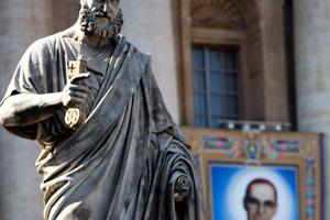 A special banner with the official portrait of Archbishop Óscar Romero hangs on the facade of St. Peter's Basilica before the Oct. 14 canonization Mass in which he and six others were officially declared saints.
