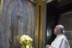 Pope prays before Our Lady of Guadalupe image on Feb. 13.