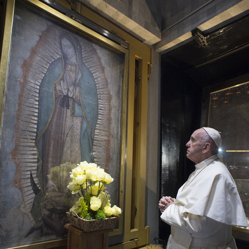 Pope prays before Our Lady of Guadalupe image on Feb. 13.