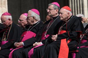 Former cardinal Theodore McCarrick (first r) attends Pope Francis' weekly audience in St. Peter's Square on May 27, 2015, in Vatican City. 
