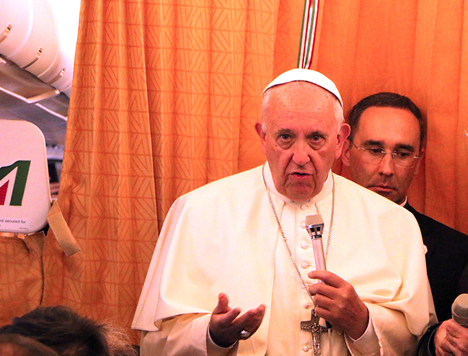 Pope Francis addresses the press corps on his return flight from Armenia on June 26. (Edward Pentin/National Catholic Register)