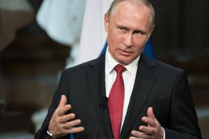 Vladimir Putin during a press conference at the Palace of Versailles on May 26, 2017. 