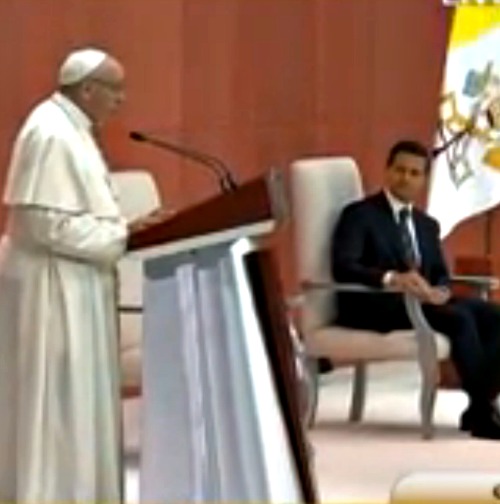 Pope Francis addresses civic authorities in Mexico City on Feb. 13.