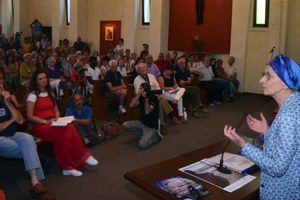 Emma Bonino speaks in front of an audience in the church of San Defendente in San Rocco di Cossato, Italy, July 26, 2017. 