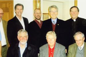FOUR GENERATIONS OF GRISEZ SCHOLARS. First: Germain Grisez, John Finnis and Joseph Boyle; second: Robert P. George, Jesuit Father Peter Ryan and Patrick Lee; third: Christopher Tollefsen, Christian Brugger; fourth: Sherif Girgis and Ryan Anderson.
