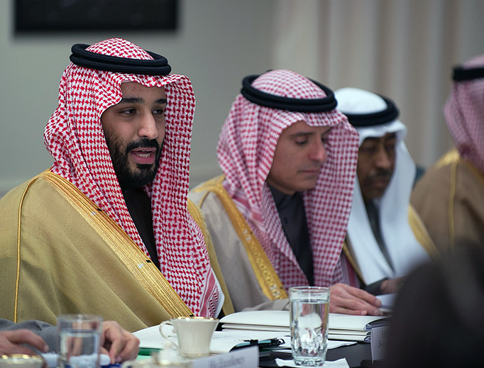 Deputy Crown Price of Saudi Arabia Mohammad bin Salman Al Saud (left) speaks to Defense Secretary Jim Mattis during bi-lateral meeting at the Pentagon in Washington, D.C., Mar. 16, 2017. 
