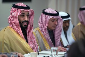 Deputy Crown Price of Saudi Arabia Mohammad bin Salman Al Saud (left) speaks to Defense Secretary Jim Mattis during bi-lateral meeting at the Pentagon in Washington, D.C., Mar. 16, 2017. 
