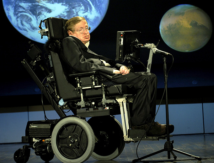 Stephen Hawking gives a lecture for NASA's 50th anniversary on April 21, 2008

