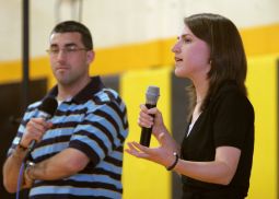 EDUCATORS. Elizabeth Andrew and Nolan Reynolds lead a presentation on abstinence and the theology of the body during a Catholic youth fest at St. Anthony's High School in South Huntington, N.Y. A new study published in the journal Archives of Pediatrics & Adolescent Medicine showed that young teens given an abstinence-only message were significantly more likely to delay having sex than those who received a more comprehensive sex education. 