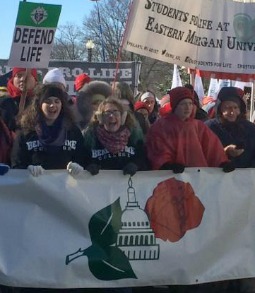 Benedictine College students carry the March for Life banner at the head of the Jan. 22 march in Washington.