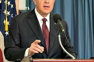 Carl Anderson, supreme knight of the Knights of Columbus, speaks to a gathering at the National Press Club in Washington on March 10.