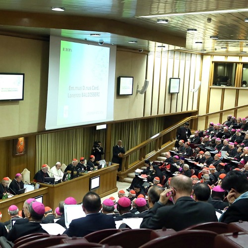 Participants in the Extraordinary Synod of Bishops on the Family listen to a presentation in the Vatican's Synod Hall.