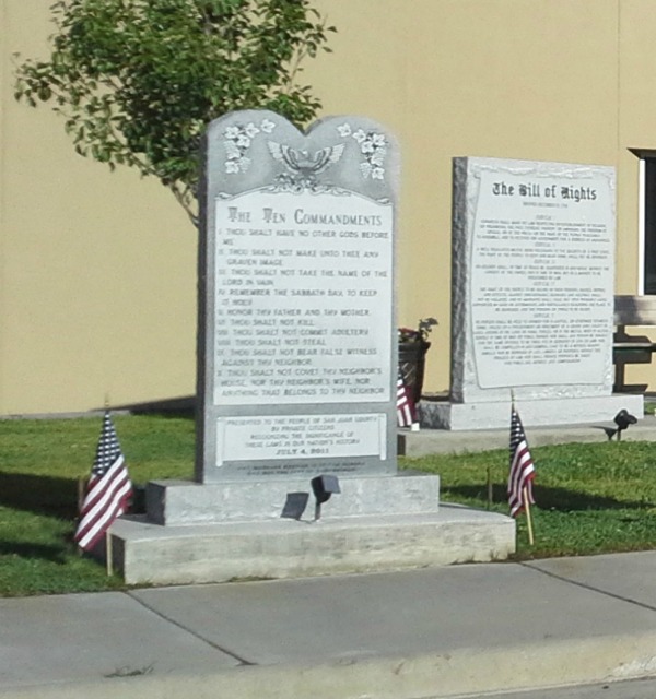 The Ten Commandments monument in Bloomfield, N.M., is situated in a public park alongside several other monuments.