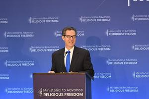 US Ambassador at large for International Religious Freedom Sam Brownback delivers remarks at the Ministerial to Advance Religious Freedom at the U.S. Department of State in Washington, D.C., July 24, 2018.