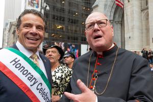 Gov. Andrew Cuomo and Cardinal Timothy Dolan attend the Columbus Day Parade along Fifth Avenue in Manhattan Oct. 8, 2018.