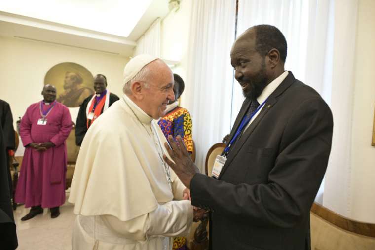 Pope Francis greets South Sudanese president Salva Kiir at the Vatican, April 11, 2019.