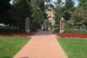 The entrance to Hillsdale College in Hillsdale, Michigan.