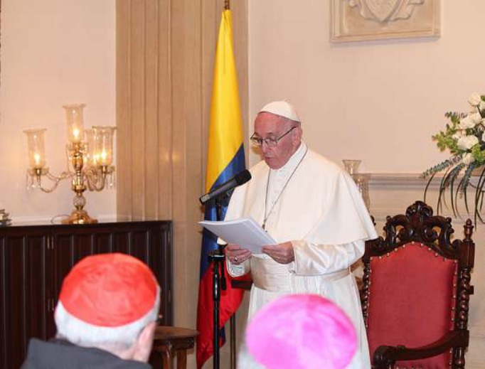 Pope Francis addresses the executive committe of CELAM at the apostolic nunciature in Bogota, Colombia on Sept. 7.