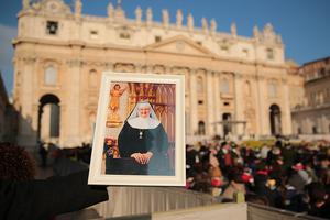 An image of Mother Mary Angelica of the Annunciation, who died on March 27, 2016, at the general audience in St. Peter's Square on March 30, 2016.