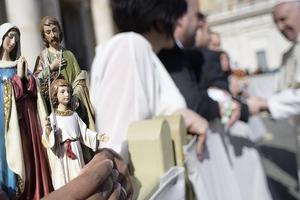 A statue of the Holy Family in St. Peter’s Square awaits a papal greeting during the general audience on Feb. 24.





