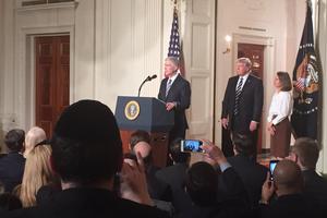 Judge Neil Gorsuch speaks to the crowd, as his wife, Louise, and President Donald Trump look on, following his nomination to the Supreme Court during a ceremony in the East Room of the White House Jan. 31 in Washington, D.C. If confirmed, Gorsuch would fill the seat left vacant with the death of Associate Justice Antonin Scalia in February 2016. 