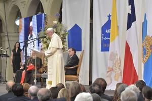 Pope Francis speaks at the Pontifical Catholic University of Chile in Santiago Jan. 17.