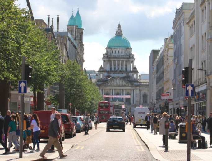 Street close to Donegall Square with view to Belfast City Hall, Northern Ireland, August 15 2017. 