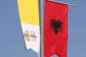 Albanian and papal flags ahead of papal visit in September 2014.