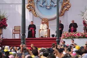 Pope Francis leads prayer at a Marian celebration in Trujillo, Peru, Jan. 20.