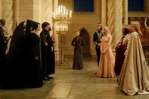 Guess whos coming to dinner? Angelina Jolies Maleficent (left) meets the future parents-in-law of her goddaughter Aurora (Elle Fanning), Michelle Pfeiffers Queen Ingrith and Robert Lindsays King John.