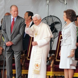 The Pope is greeted by Spain's king and queen on Aug. 18 upon arriving in Madrid.