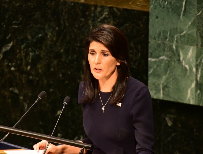 U.S. Ambassador Nikki Haley addresses the U.N. General Assembly Nov. 1, 2017.