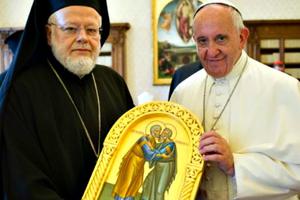 Pope Francis with the delegation of the ecumenical patriarch of Constantinople in Vatican City on June 28.