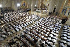Pope Francis celebrates Mass for priests, deacons, men and women religious, and seminarians at the St. John Paul II shrine in Krakow, Poland, on July 30.