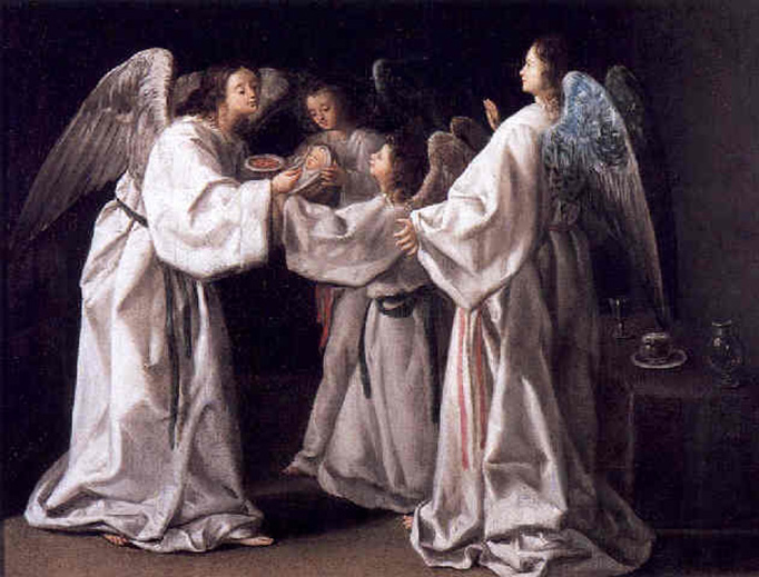 Follower of Eugenio Cajes, “St. Raymond Nonnatus Being Fed by Angels,” 1630