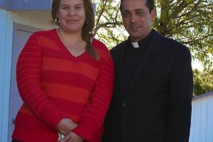 Above, Dafne Gutierrez and Father Wissam Akiki, pastor of St. Joseph Maronite Church; below, the relics of St. Charbel visited the parish last year.