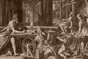 St. Paul is staying in the house of Aquila and his wife Priscilla, the family are making tents and St. Paul is writing.