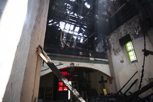 Mission San Gabriel, which was founded in 1771 by St. Junípero Serra, was devastated by fire July 11. Auxiliary Bishop David O’Connell of the San Gabriel Pastoral Region of the Archdiocese of Los Angeles was on hand to survey the fire-caused damage. 