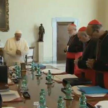 Pope Francis meets Oct. 1 with the council of eight cardinals advising him on Curial reform in the library of the Vatican's Apostolic Palace.