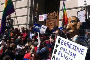 Protestors rally in Indianapolis on March 28 against the state's new Religious Freedom Restoration Act.
